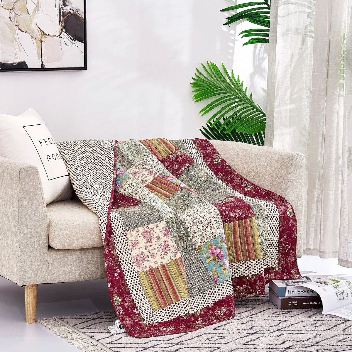 Tache Fairy Tale Tea Party Beige Burgundy Paisley Floral Cotton Patchwork Quilted Throw Blanket (DXJ103443)