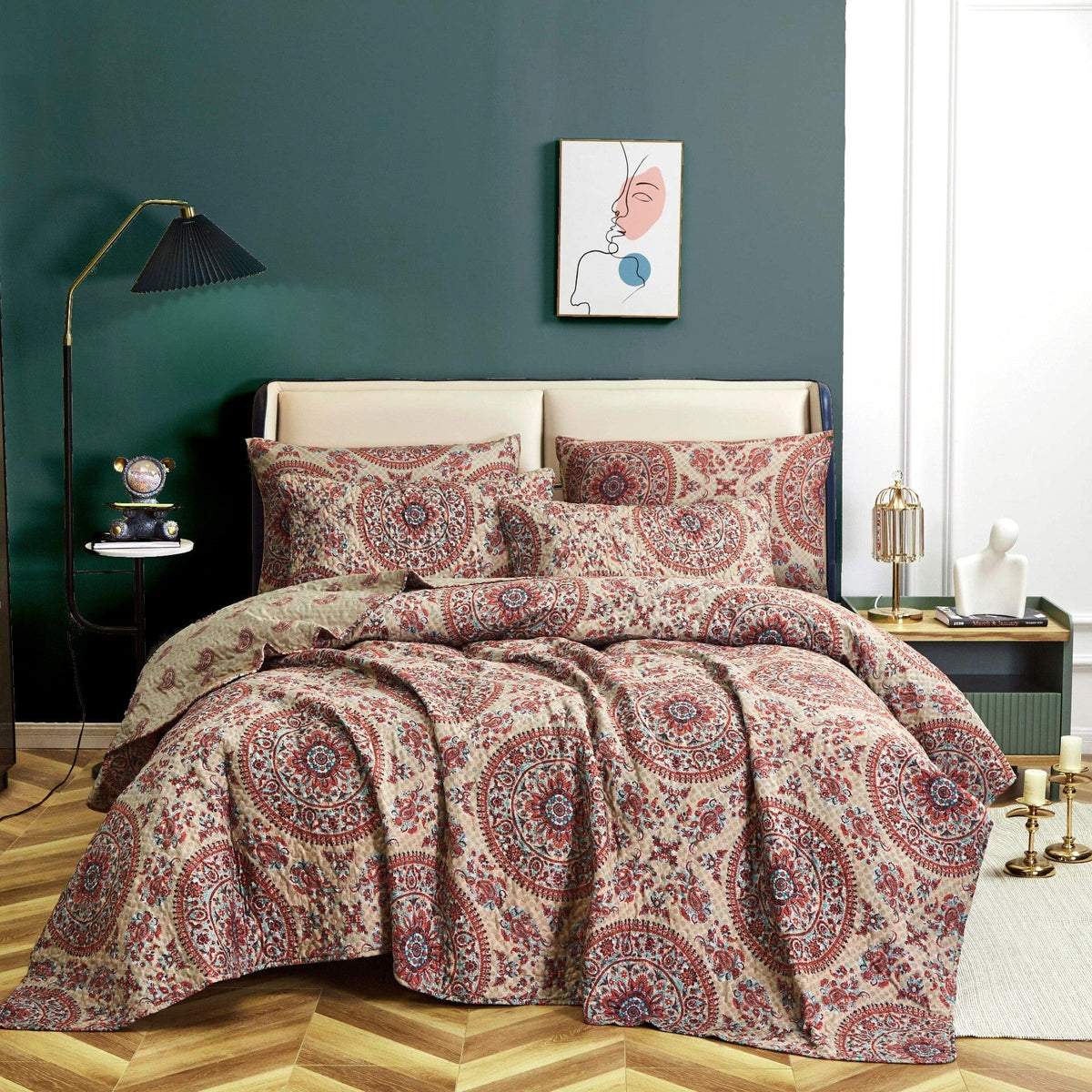 Tache Bohemian Desert Medallion Boteh Paisley Orange Blue Taupe Quilt Set (TJ3502)