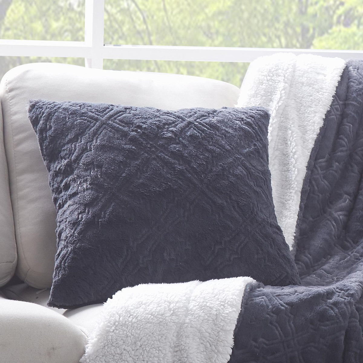 Tache Faux Fur Steel Navy Blue Diamond Trellis Pattern Cushion Cover / Euro Sham (3390)