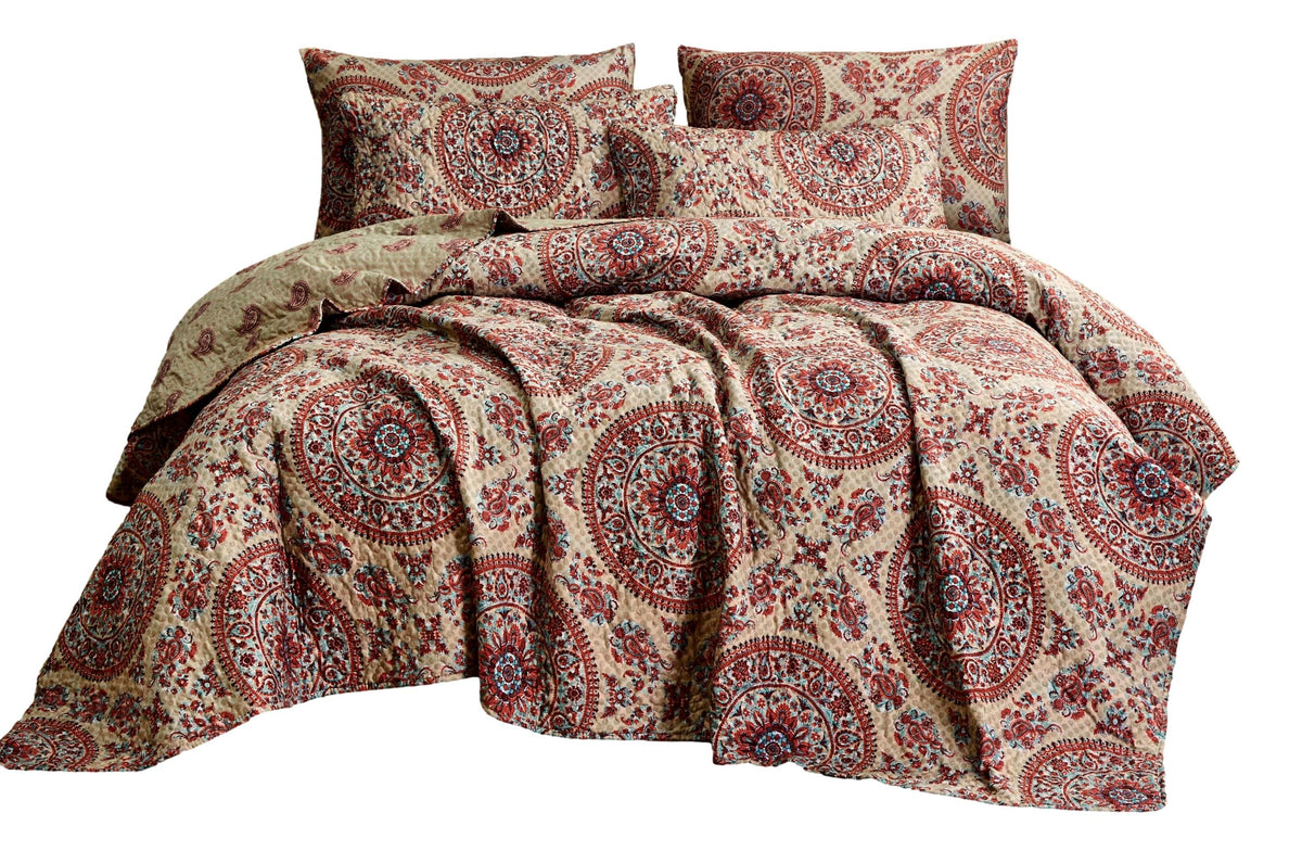 Tache Bohemian Desert Medallion Boteh Paisley Orange Blue Taupe Quilt Set (TJ3502)