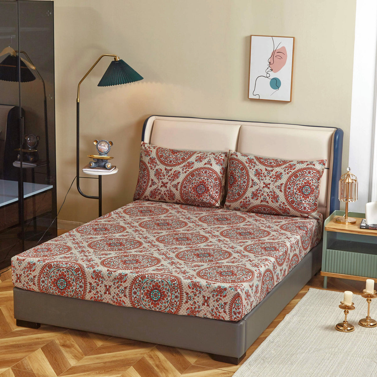 Tache Bohemian Desert Medallion Boteh Paisley Taupe Fitted Sheet / Flat Sheet (TJ3502)