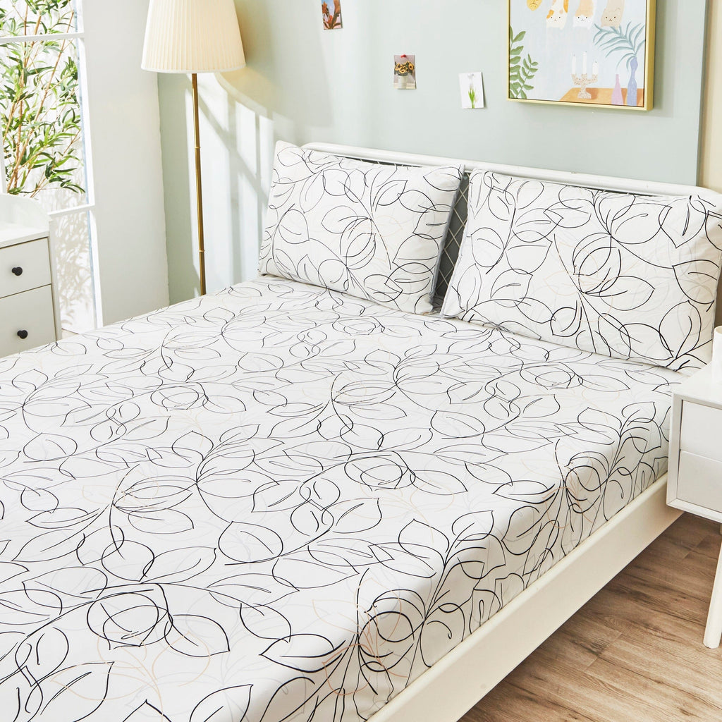 Tache Modern Abstract Leaf Line Art Foliage White Grey Black Gold Fitted Sheet / Flat Sheet (TJ3571)