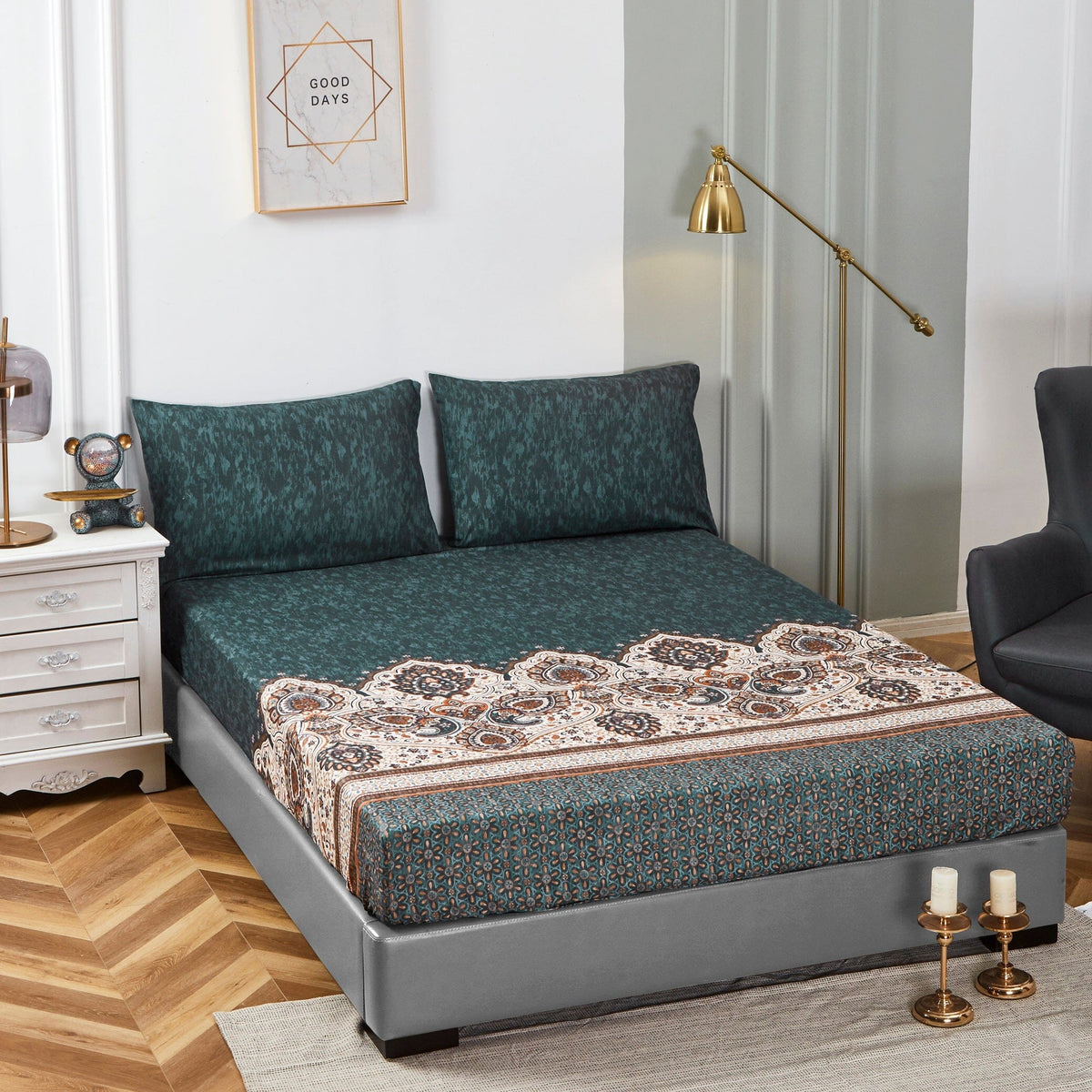 Tache Rustic Paisley Mandala Palace Floral Watercolor Dark Teal Fitted Sheet / Flat Sheet (KF174)