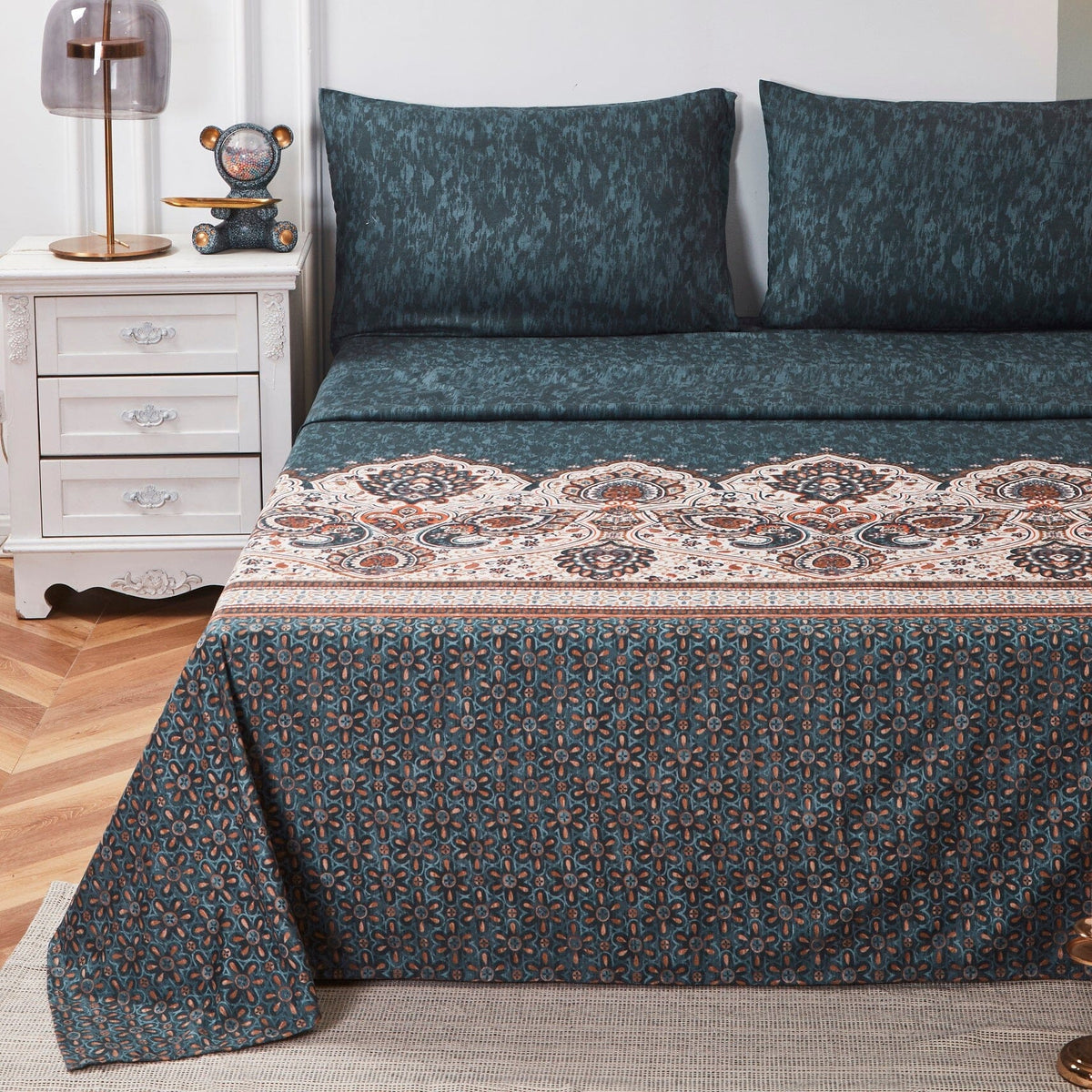 Tache Rustic Paisley Mandala Palace Floral Watercolor Dark Teal Fitted Sheet / Flat Sheet (KF174)