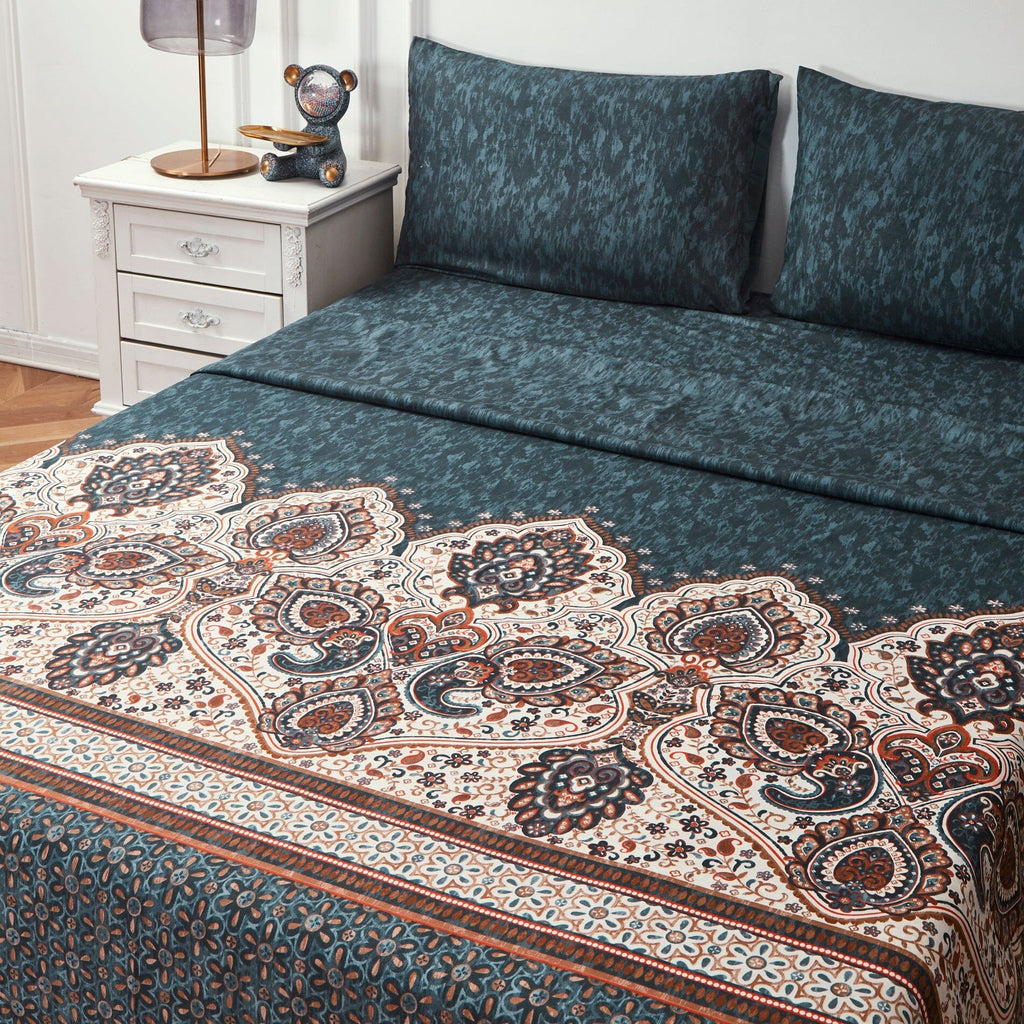 Tache Rustic Paisley Mandala Palace Floral Watercolor Dark Teal Fitted Sheet / Flat Sheet (KF174)