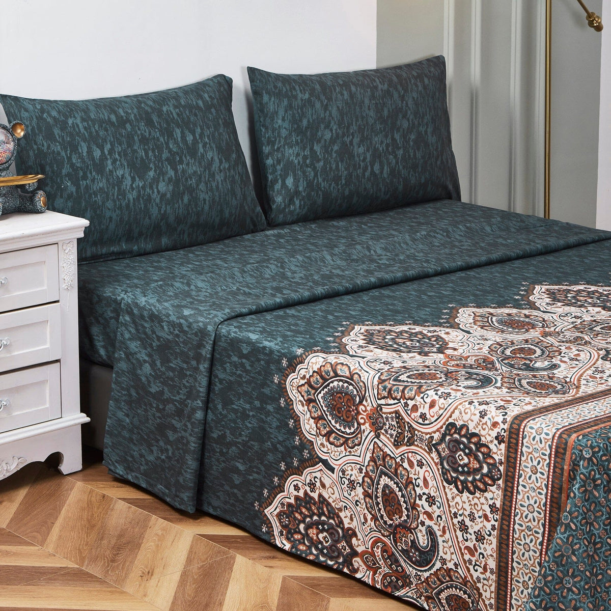 Tache Rustic Paisley Mandala Palace Floral Watercolor Dark Teal Fitted Sheet / Flat Sheet (KF174)