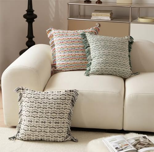 Fennco Styles Yarn Dyed Jacquard Decorative Filled Throw Pillow 18" W x 18" L - Colorful Striped Fringe Cushion for Home, Couch, Bedroom, Living Room and Office Décor