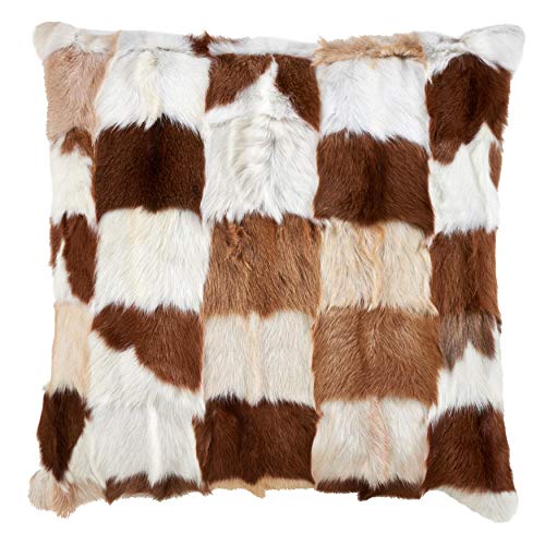 Fennco Styles Rustic Goat Fur Patchwork 18 x 18 Inch Decorative Throw Pillow with Case & Insert - Brown Fur Pillow for Couch, Bedroom and Living Room Décor