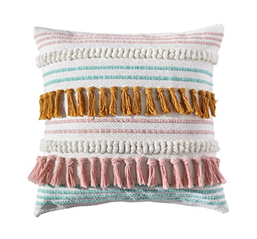 Fennco Styles Woven Tassel Striped Decorative Throw Pillow 18" W x 18" L - Textured Boho Cushion for Home, Couch, Living Room, Bedroom and Office Décor