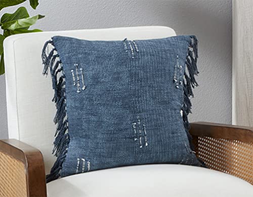 Fennco Styles Stitched Line Tassel Cotton Decorative Throw Pillow 20" W x 20" L - Navy Blue Square Cushion for Home, Couch, Office, Bedroom and Living Room Décor