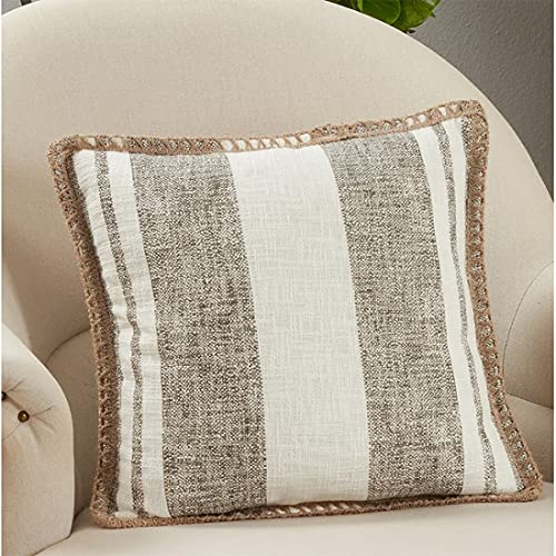 Fennco Styles Striped Whipstitch Cotton Jute Decorative Throw Pillow 18" W x 18" L - Woven Cushion for Home, Couch, Office, Bedroom and Living Room Décor