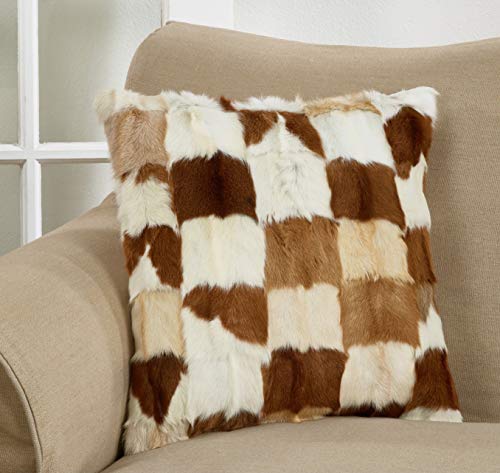Fennco Styles Rustic Goat Fur Patchwork 18 x 18 Inch Decorative Throw Pillow with Case & Insert - Brown Fur Pillow for Couch, Bedroom and Living Room Décor