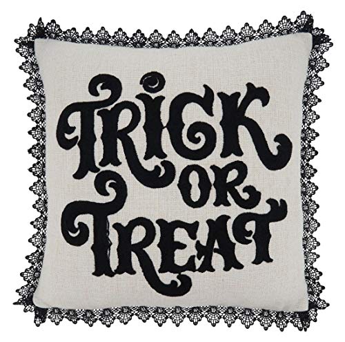 Fennco Styles Trick Or Treat Lace Trim Decorative Throw Pillow 16-Inch Square - Natural Cushion for Home, Couch, Living Room, Office and Halloween Decor