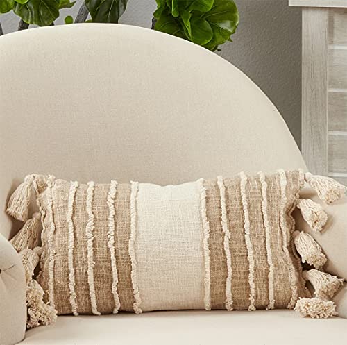Fennco Styles Striped Tassel Design Cotton Decorative Throw Pillow 12" W x 20" L – Ivory Fringe Cushion for Home, Couch, Bedroom, Living Room and Office Décor
