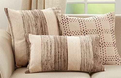 Fennco Styles Stitched Checker Cotton Decorative Throw Pillow 20" W x 20" L - Natural Square Cushion for Home, Couch, Living Room, Bedroom and Office Décor