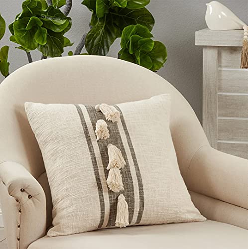 Fennco Styles Woven Striped Tassel Decorative Cotton Throw Pillow - Textured Cushion for Home, Couch, Bedroom, Living Room and Office Décor