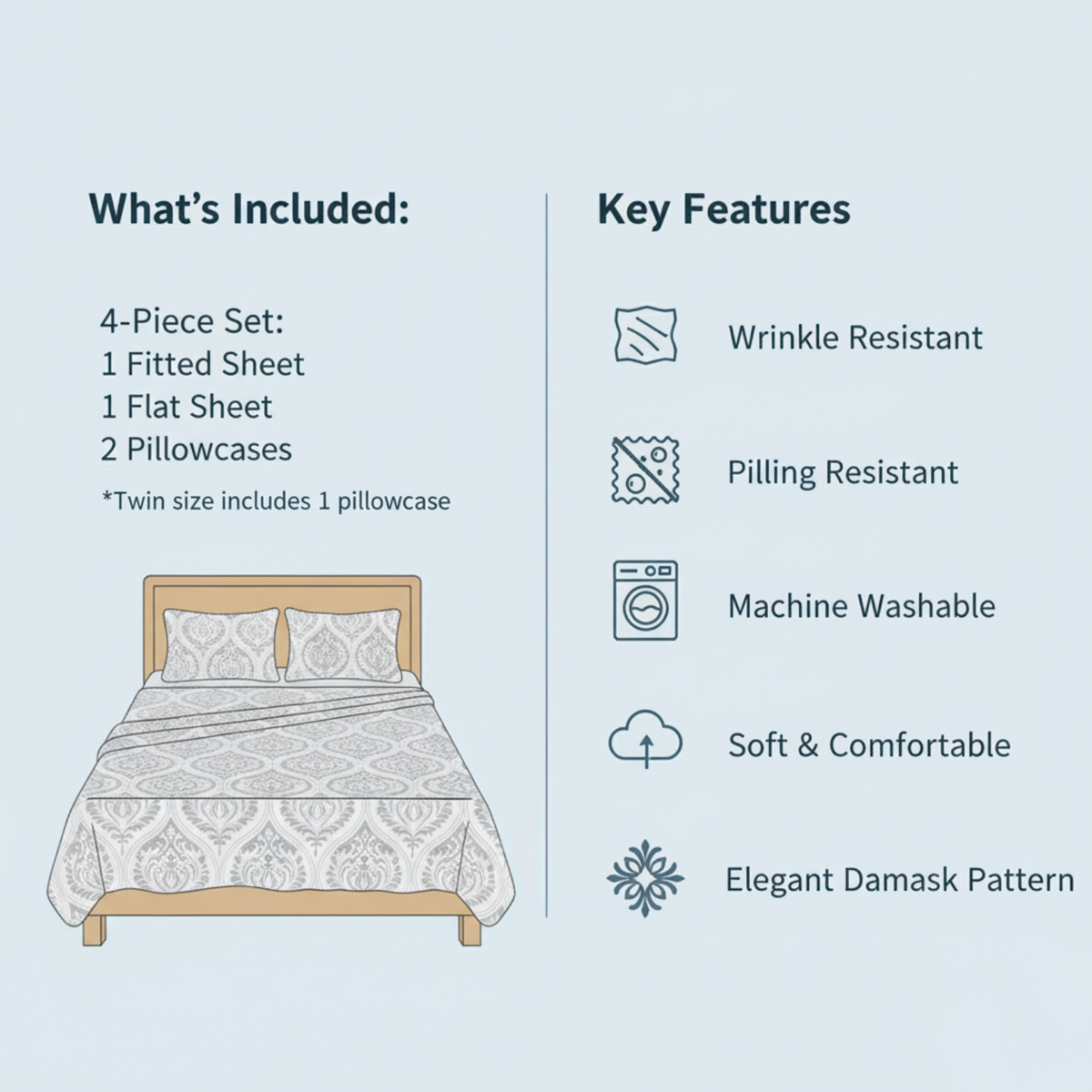 Tache Dreamy Moon Sky Ogee Damask Heather Gray White Bed Sheet Set (TB300)