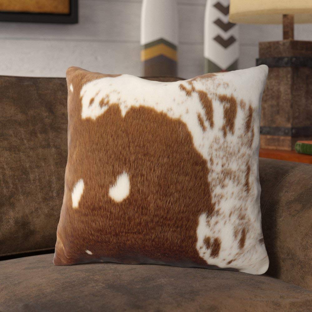 Fennco Styles Rustic Faux Fur Cowhide 22" W x 22" L Decorative Throw Pillow Case – Brown Fur Pillow Case for Couch, Bedroom and Living Room Décor