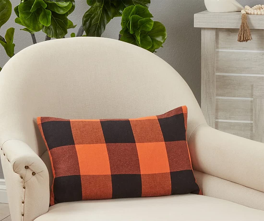 Fennco Styles Rustic Buffalo Plaid Design Cotton Decorative Throw Pillow 13 x 20 Inch - Orange Black Holiday Accent Pillow for Home, Couch, Living Room, Bedroom and Office Décor