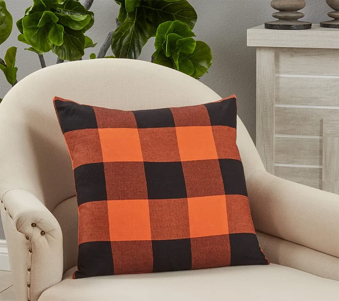 Fennco Styles Rustic Buffalo Plaid Design Cotton Decorative Throw Pillow 13 x 20 Inch - Orange Black Holiday Accent Pillow for Home, Couch, Living Room, Bedroom and Office Décor