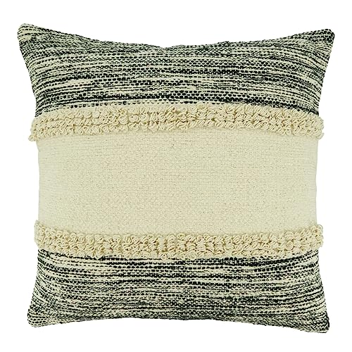 Fennco Styles Stripe Chindi Design Cotton Decorative Throw Pillow 20" W X 20" L – Black & Natural Textured Cushion for Couch, Sofa, Bedroom, Living Room and Office Décor