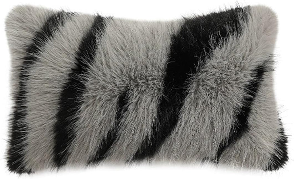 Fennco Styles Zebra Stripe Faux Fur Animal Design Decorative Throw Pillow Cover 18" W x 18" L – Grey Plush Cushion Case for Couch, Bedroom, Living Room and Office Décor