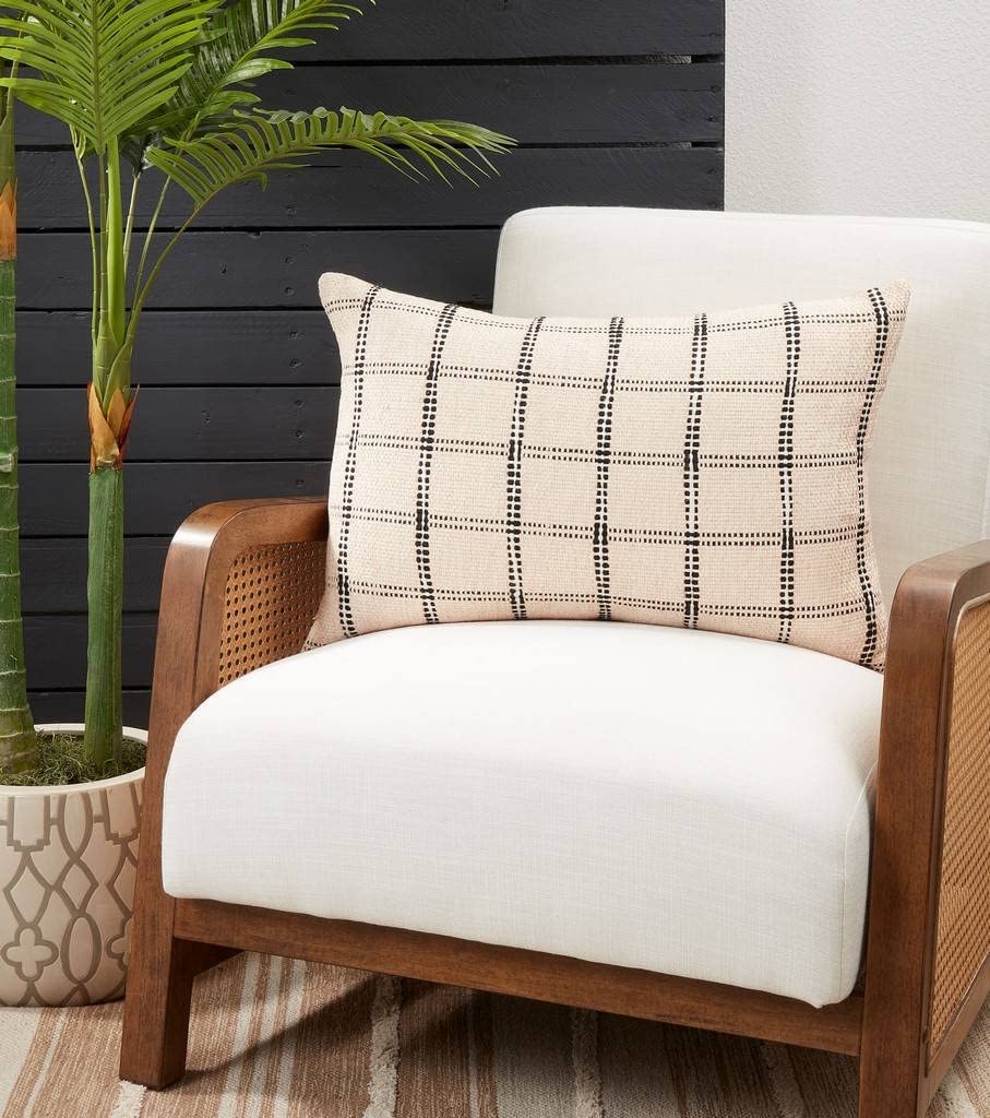 Fennco Styles Stitched Checkered Cotton Decorative Throw Pillow 20" W x 20" L - Natural Woven Square Cushion for Home, Couch, Living Room, Bedroom, Office and Holiday Décor