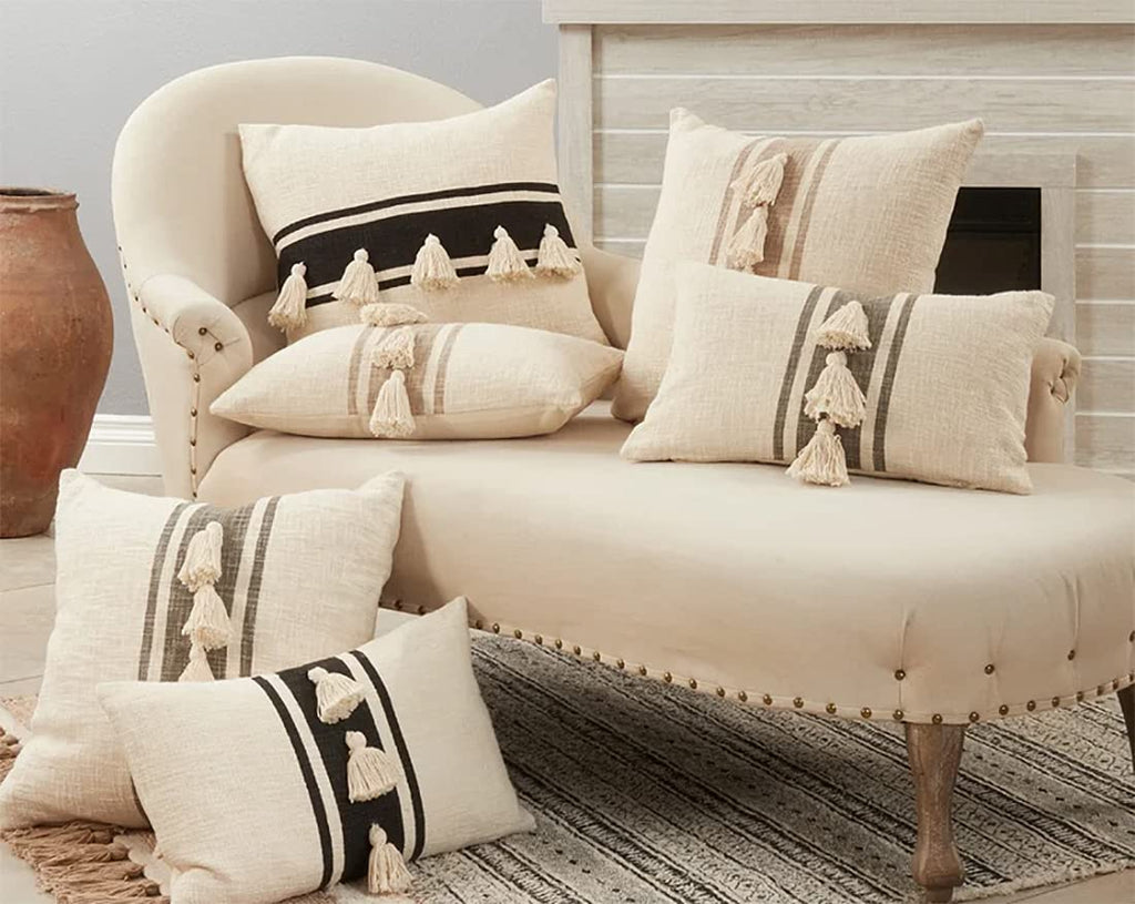 Fennco Styles Woven Striped Tassel Decorative Cotton Throw Pillow - Textured Cushion for Home, Couch, Bedroom, Living Room and Office Décor