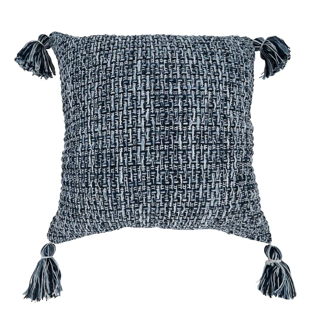 Fennco Styles Woven Textured Tassel Cotton Decorative Throw Pillow Cover 22" W x 22" L - Navy Blue Cushion Case for Home, Couch, Bedroom, Living Room and Office Décor (Filled Pillow)