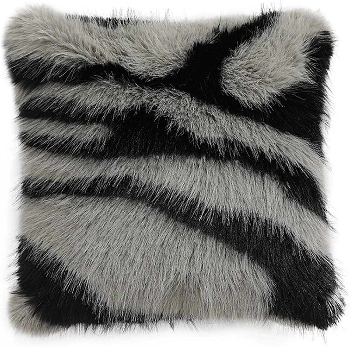 Fennco Styles Zebra Stripe Faux Fur Animal Design Decorative Throw Pillow Cover 18" W x 18" L – Grey Plush Cushion Case for Couch, Bedroom, Living Room and Office Décor