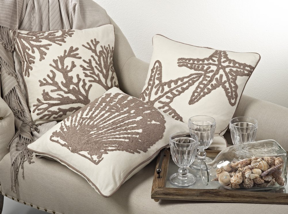 Fennco Styles Sur La Mer Embroidered Starfish Cotton Decoration Down Filled Throw Pillow, 18-inch Square