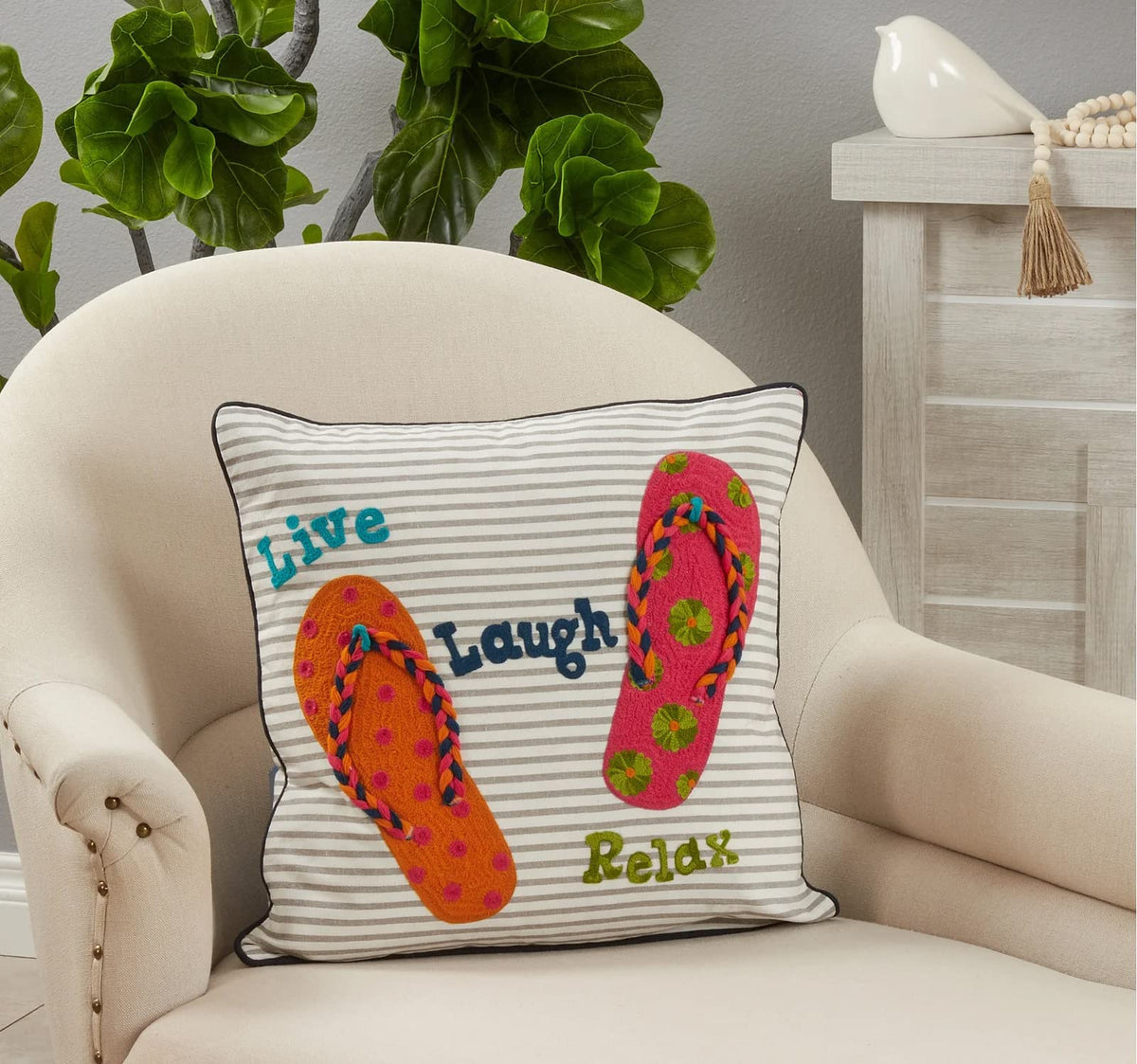 Fennco Styles Summer Sandals, Relax, Live, Laugh Cotton Decorative Throw Pillow Cover 18" W x 18" L - Multicolored Cushion Case for Home, Couch, Bedroom and Living Room