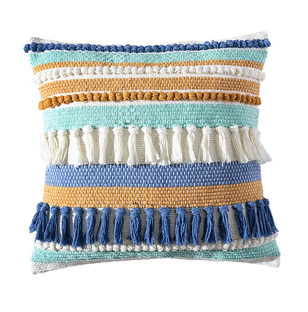 Fennco Styles Woven Tassel Striped Decorative Throw Pillow 18" W x 18" L - Textured Boho Cushion for Home, Couch, Living Room, Bedroom and Office Décor