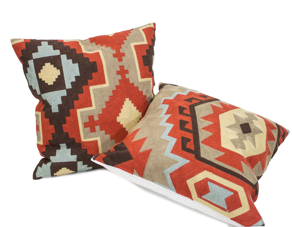 Fennco Styles Stylish Embroidered Tribal Kilim Canvas Cotton Throw Pillow 18" Square