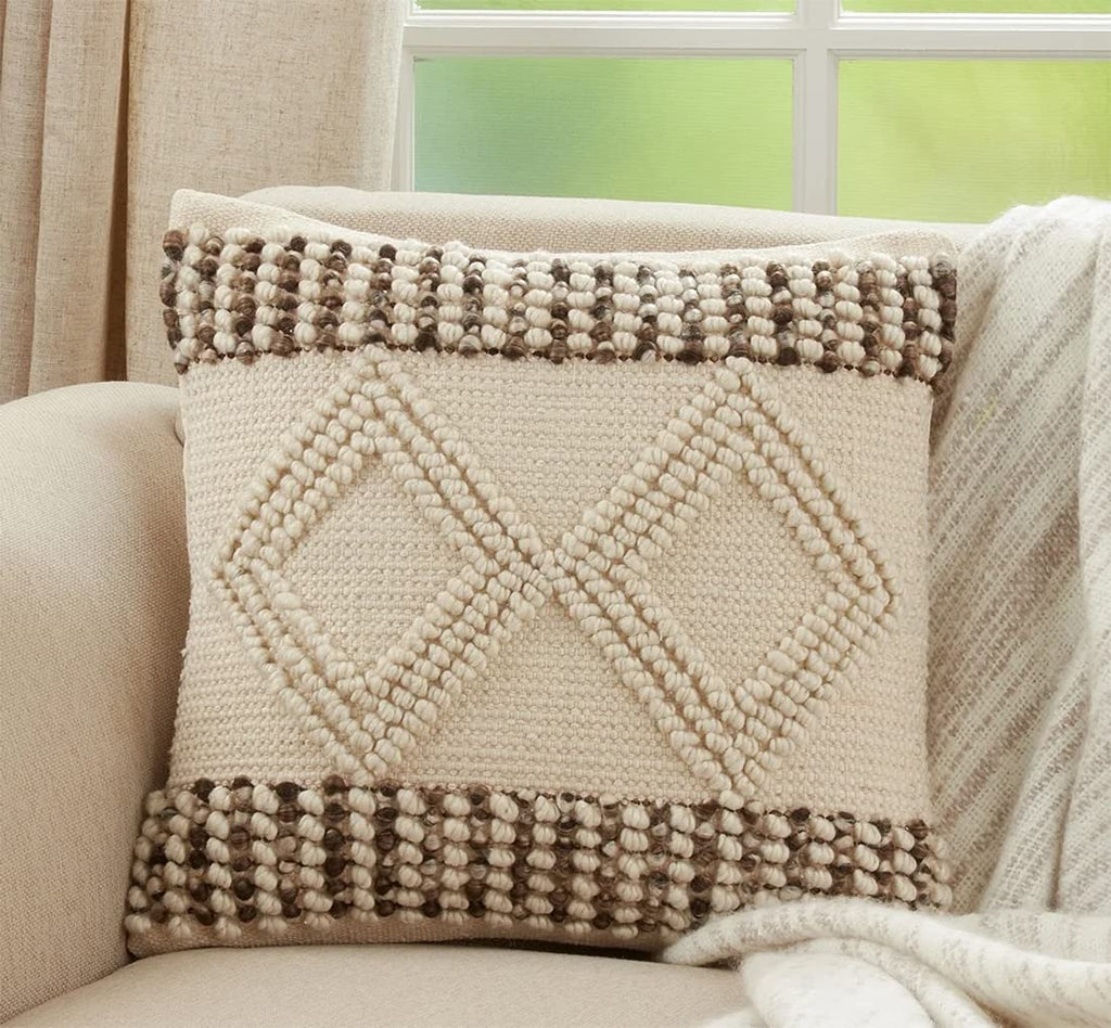 Fennco Styles Woven Textured with Diamond Design Decorative Throw Pillow Cover 18" W x 18" L - Ivory Square Cushion Case for Home, Couch, Bedroom, Living Room and Office Décor