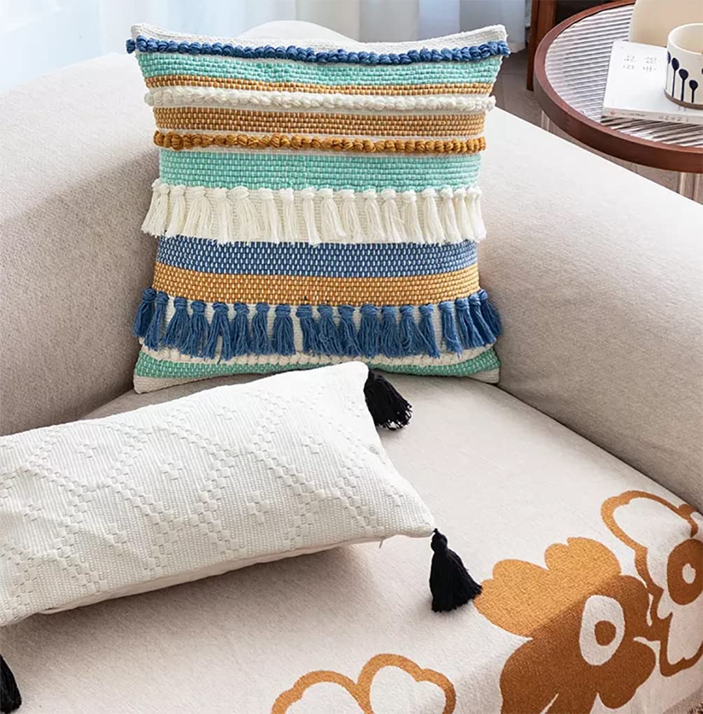 Fennco Styles Woven Tassel Striped Decorative Throw Pillow 18" W x 18" L - Textured Boho Cushion for Home, Couch, Living Room, Bedroom and Office Décor