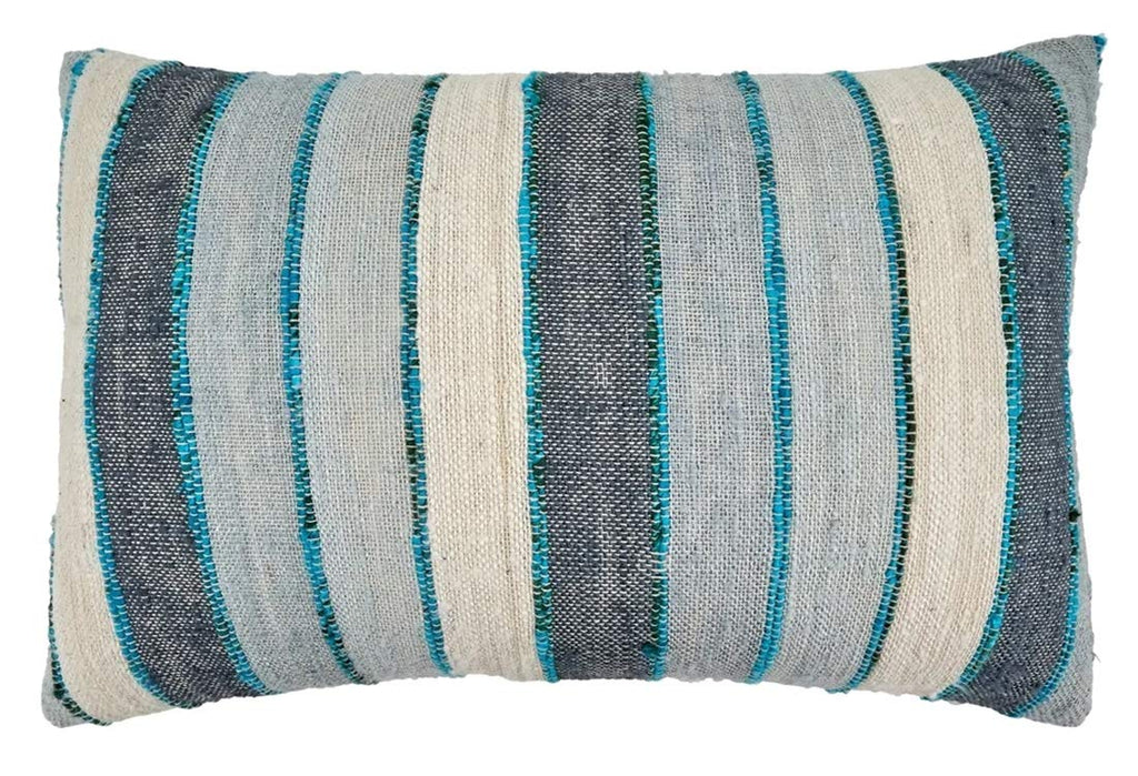 Fennco Styles Woven Chindi Striped Fringe 100% Cotton Decorative Throw Pillow Cover 16 x 24 Inch - Blue Throw Pillow Case for Home, Couch, Living Room and Bedroom Décor