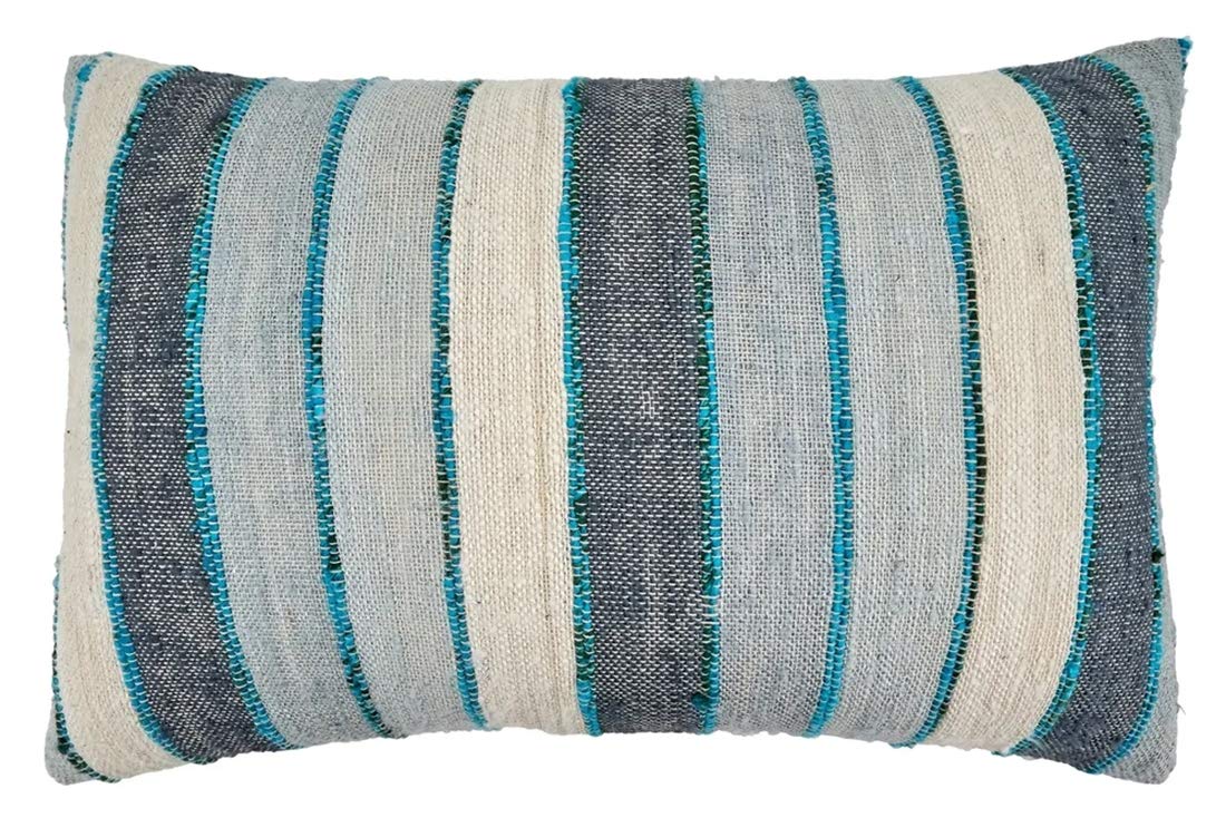 Fennco Styles Woven Chindi Striped Fringe 100% Cotton Decorative Throw Pillow Cover 16 x 24 Inch - Blue Throw Pillow Case for Home, Couch, Living Room and Bedroom Décor