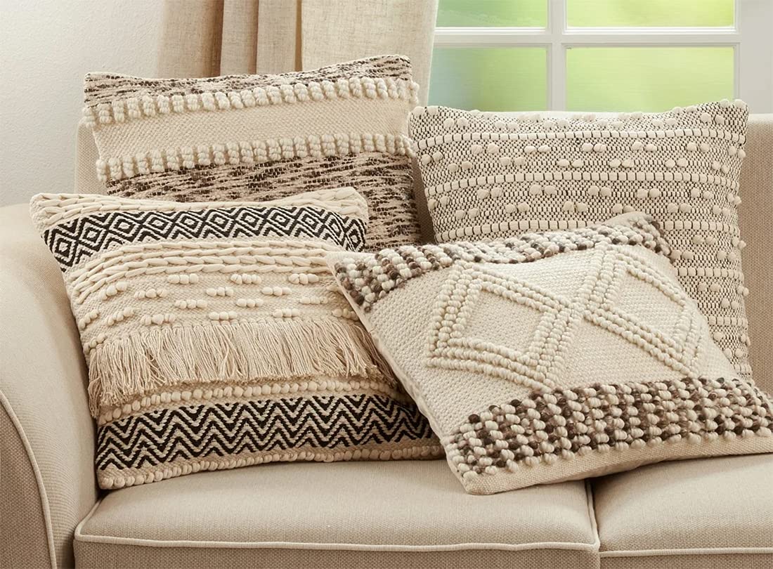 Fennco Styles Woven Textured with Diamond Design Decorative Throw Pillow Cover 18" W x 18" L - Ivory Square Cushion Case for Home, Couch, Bedroom, Living Room and Office Décor