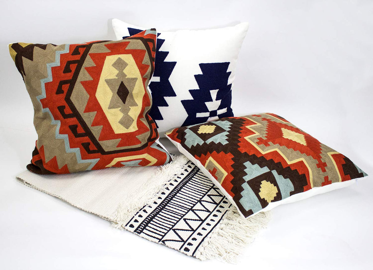 Fennco Styles Stylish Embroidered Tribal Kilim Canvas Cotton Throw Pillow 18" Square