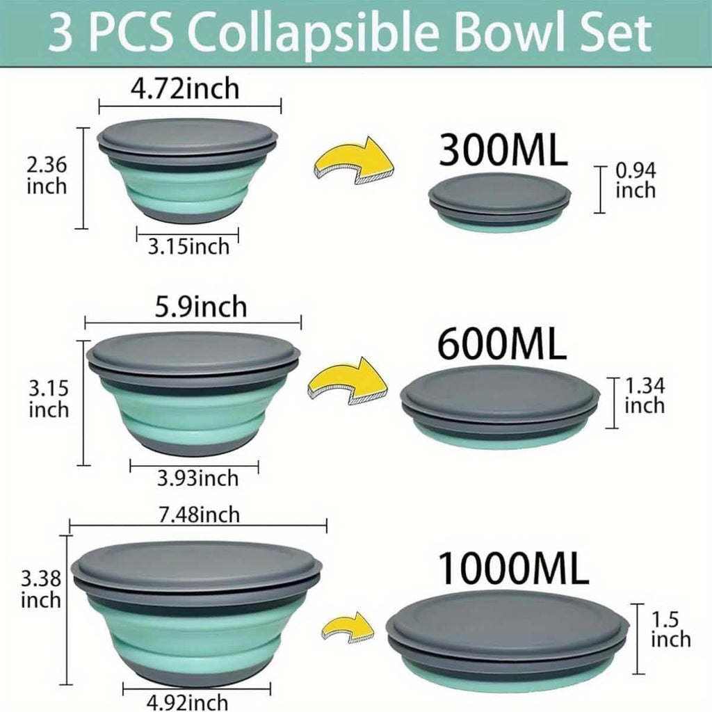 3 Foldable Silicone Camping Bowls with Lids – Blue & Pink