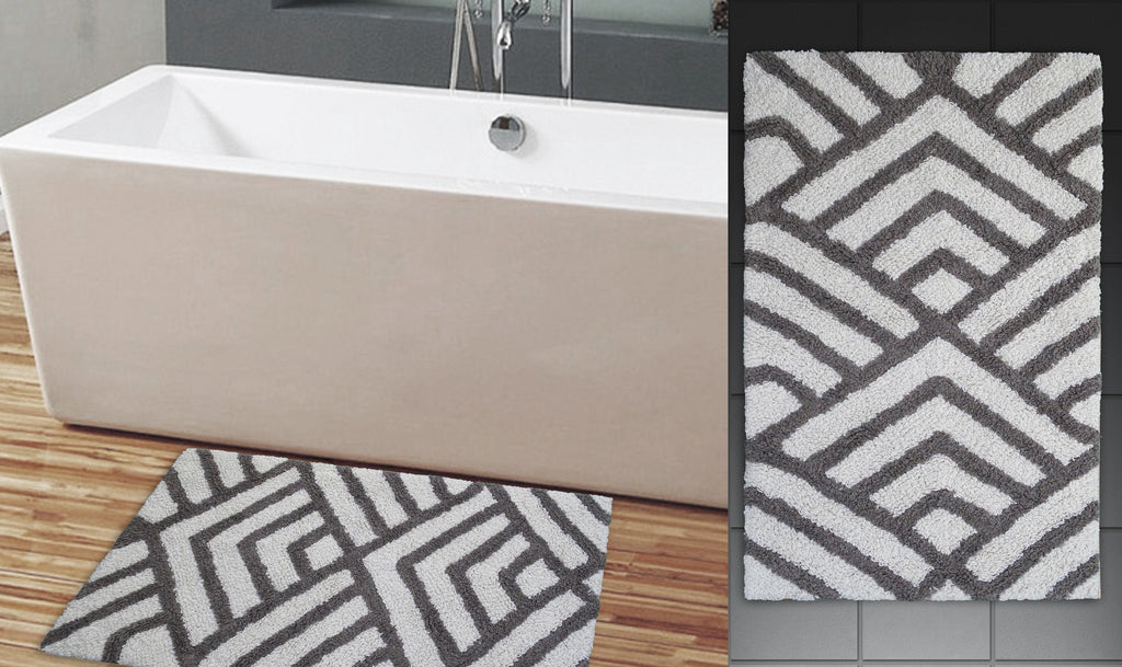 Vibhsa Bath Rug Geometric Pattern in Grey & Ivory