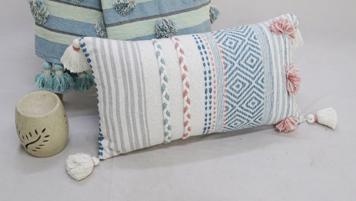 Striped Throw Pillow with Braid and Tassels 14"x24"