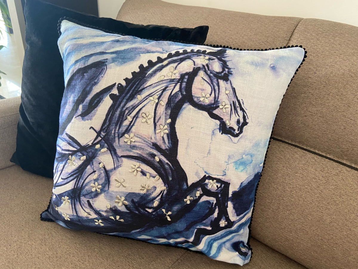 Embroidered 18"x18" Blue Decorative Pillow (Horse)