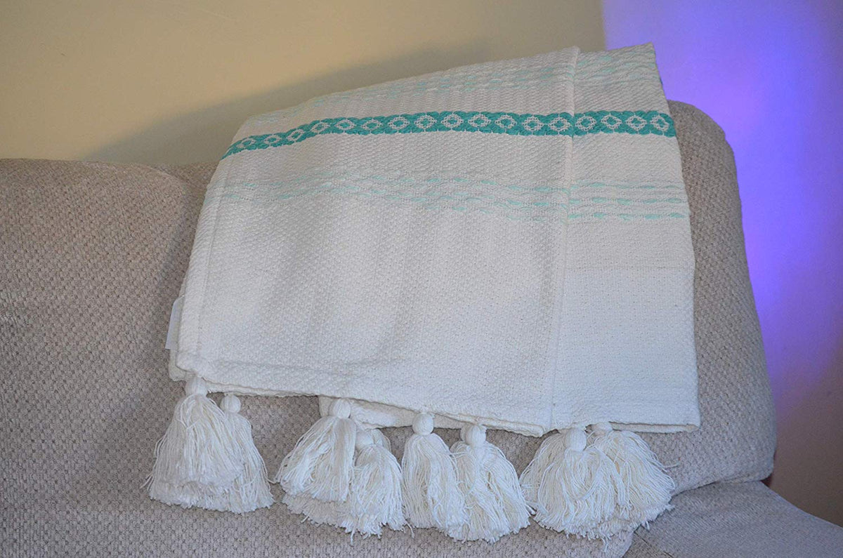 Hand loom Woven Throw Turquoise & White