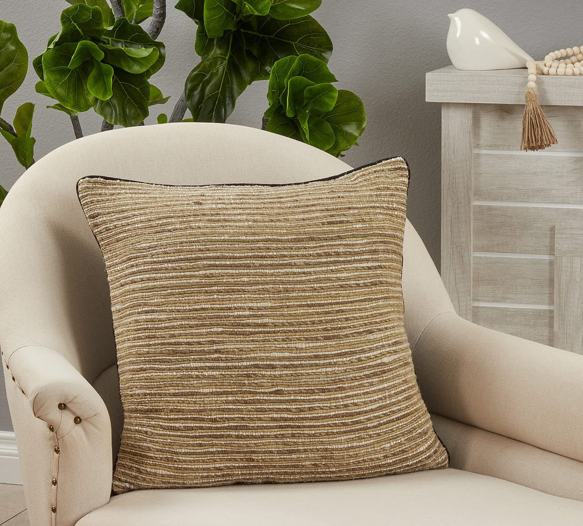 Fennco Styles Woven Chindi Striped Decorative Throw Pillow 20" W x 20" L – Brown Accent Pillow for Couch, Bedroom and Living Room Décor