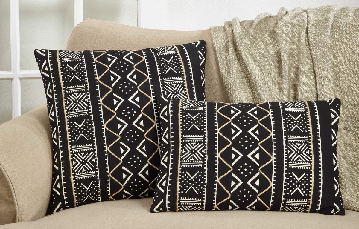 Fennco Styles Tribal Mud Cloth 100% Cotton Decorative Throw Pillow Cover 14 x 20 Inch - Black Geometric Pillow Case for Couch, Living Room and Bedroom Décor