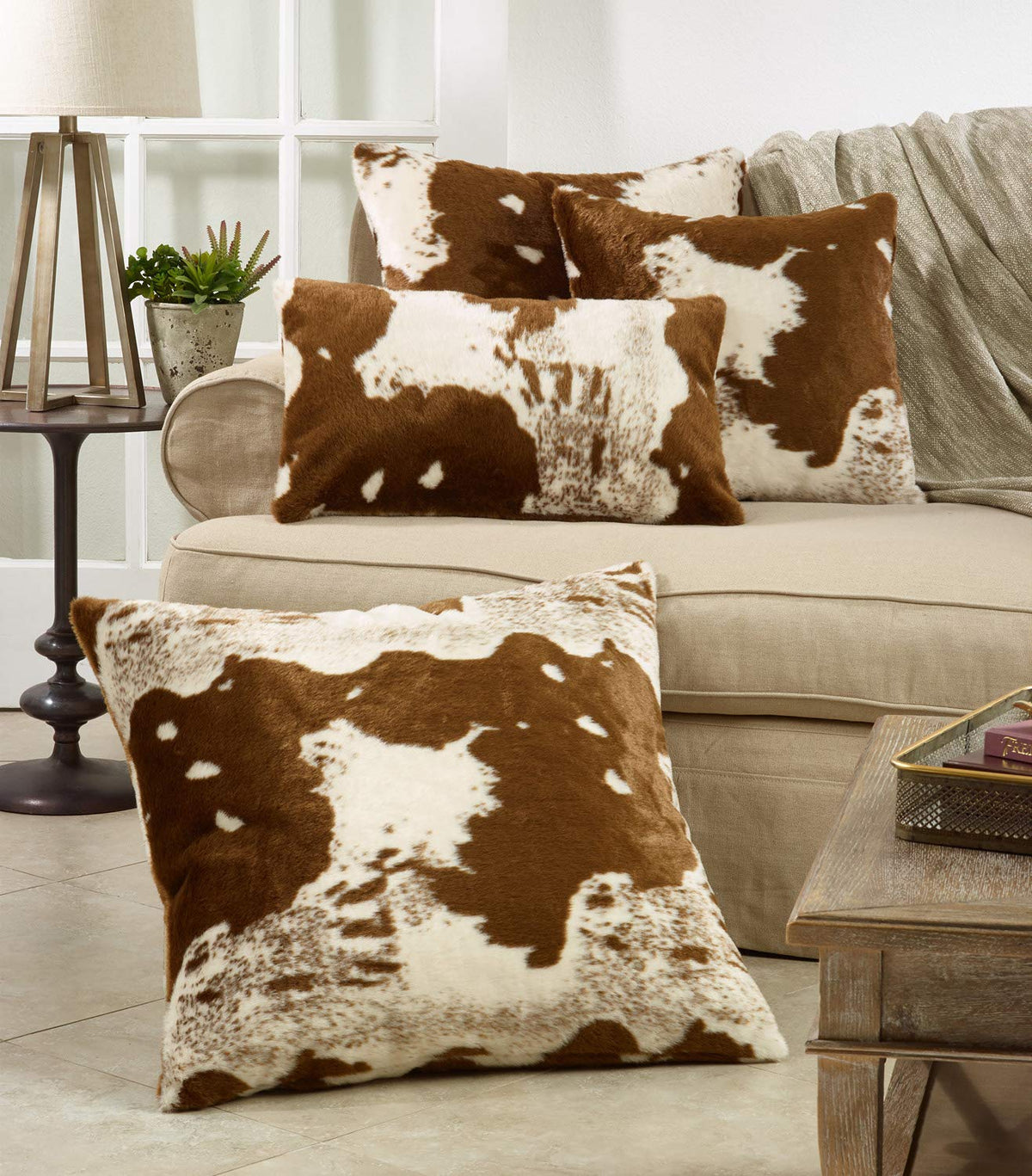 Fennco Styles Rustic Faux Fur Cowhide 22" W x 22" L Decorative Throw Pillow Case – Brown Fur Pillow Case for Couch, Bedroom and Living Room Décor