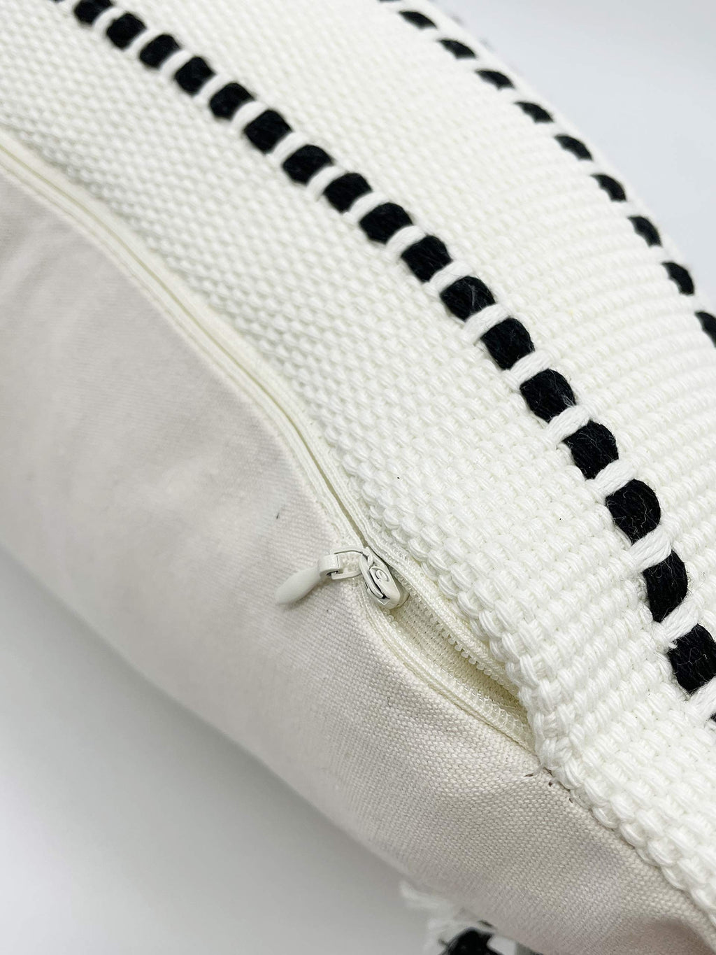 Fennco Styles Stitch Line Woven Fringe Cotton Decorative Throw Pillow 20" W x 20" L - White Cushion for Couch, Bedroom, Living Room and Office Décor