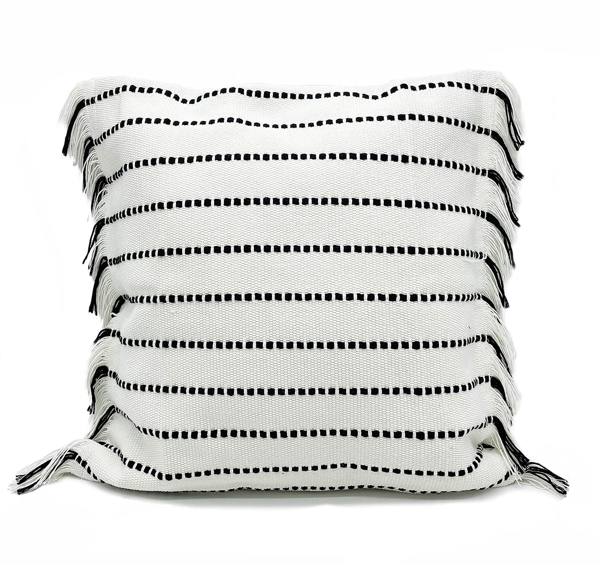 Fennco Styles Stitch Line Woven Fringe Cotton Decorative Throw Pillow 20" W x 20" L - White Cushion for Couch, Bedroom, Living Room and Office Décor